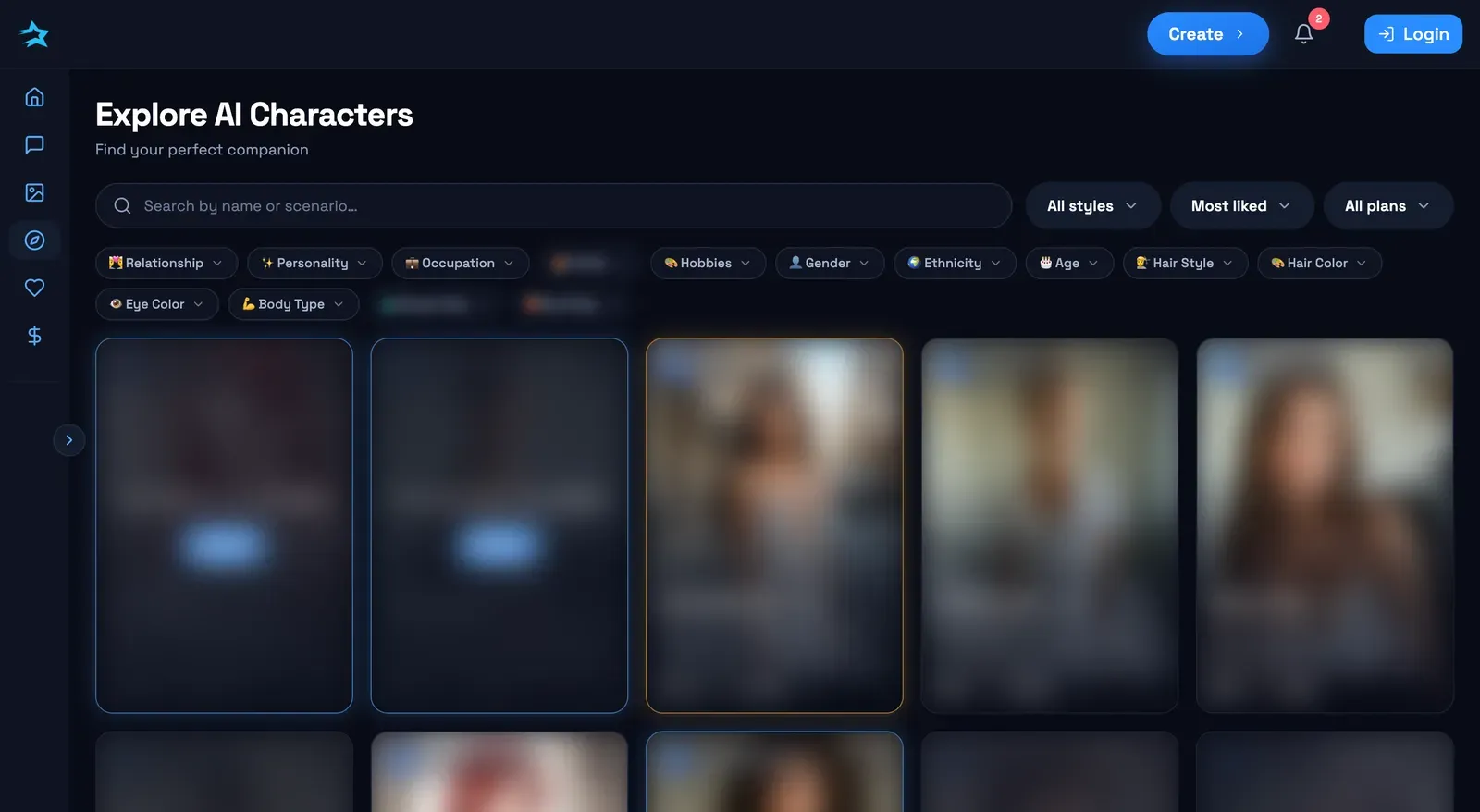 Page Explore de darlink.ai : barre de recherche, filtres et grille de personnages floutée