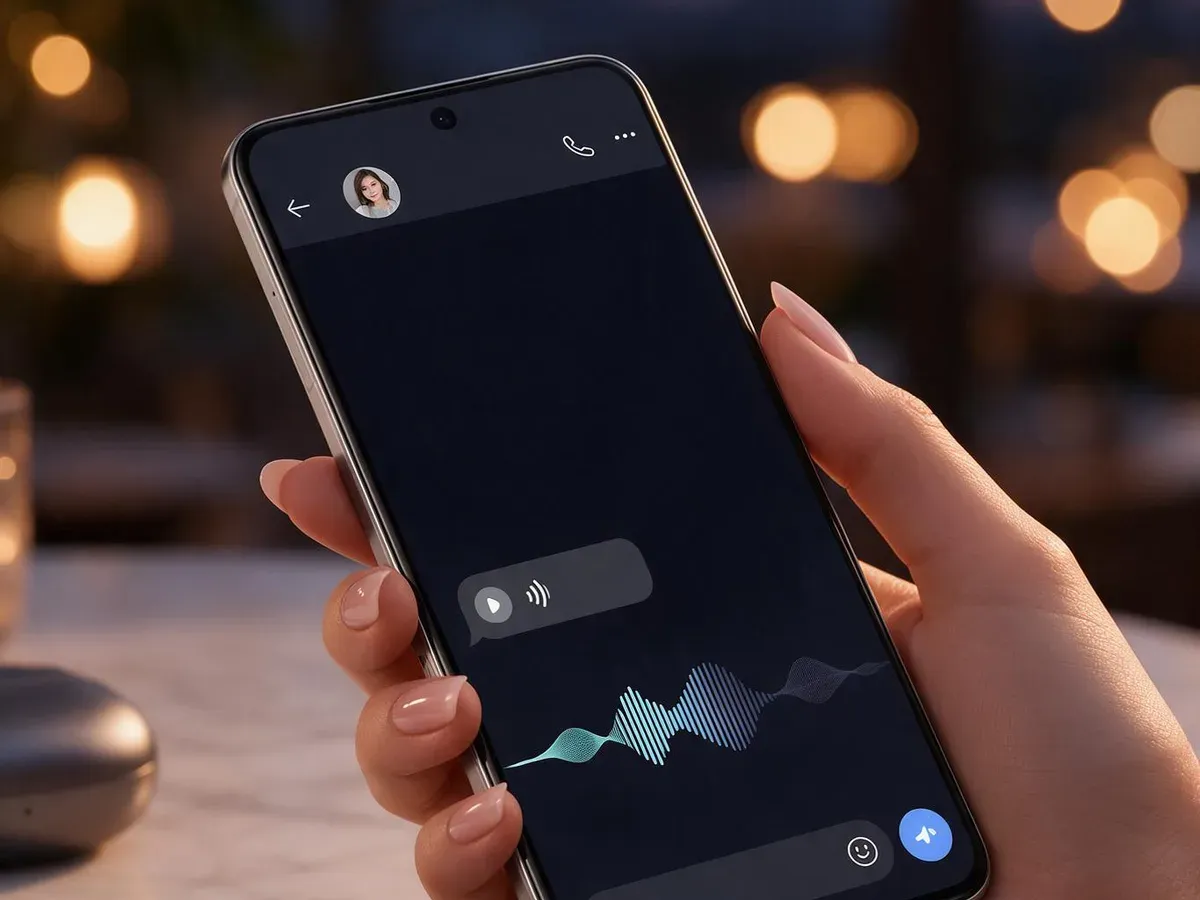 Illustration : smartphone affichant un message vocal dans une conversation, écouteurs posés sur une table