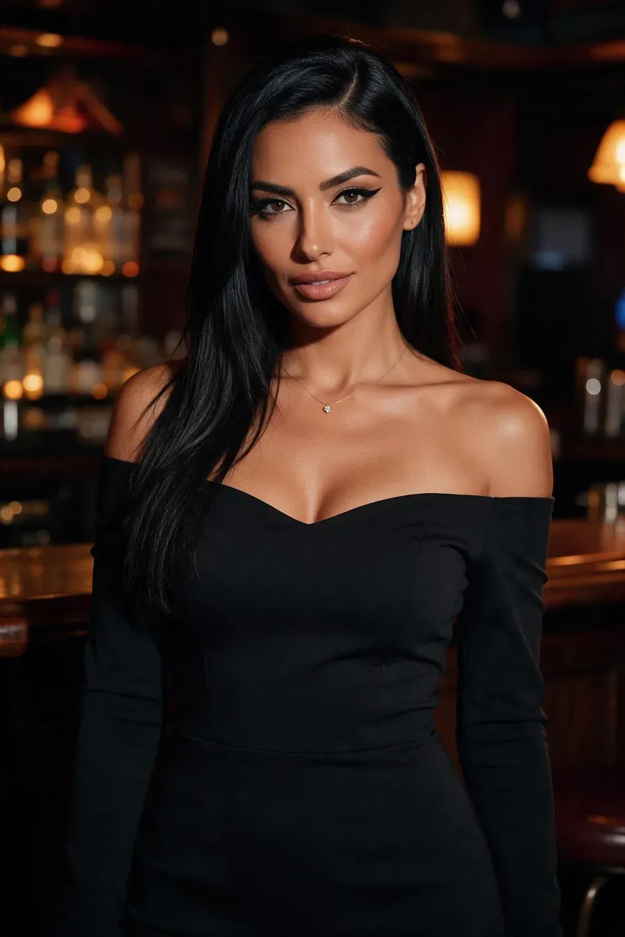 Sofia, exemple de personnage Darlink AI : femme aux longs cheveux noirs en robe de cocktail noire dans un club de jazz